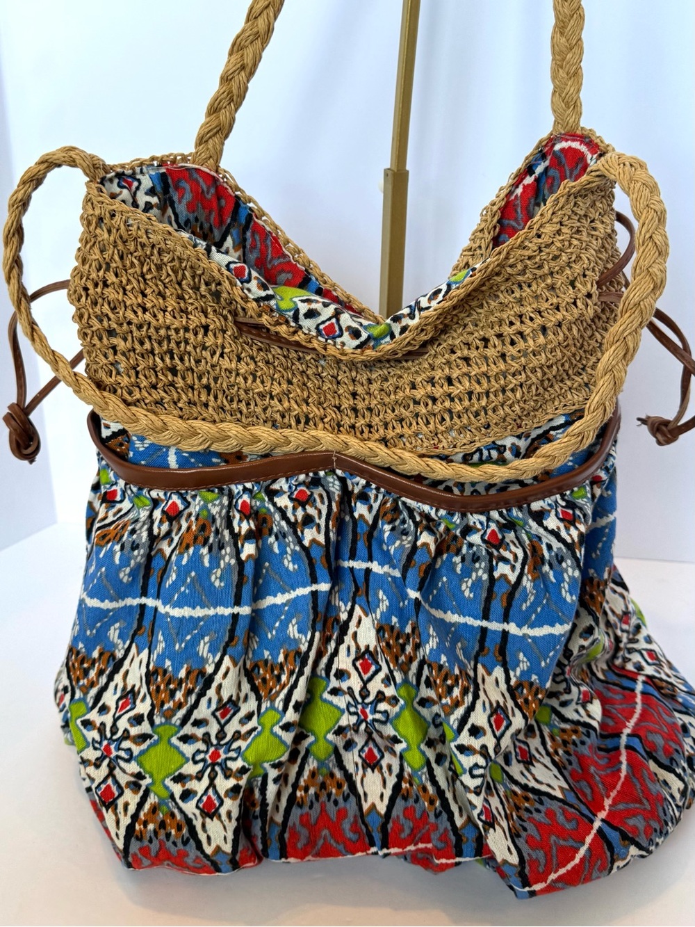 Cappelli Straworld Boho Ikat Fabric & Woven Straw Shoulder Bag